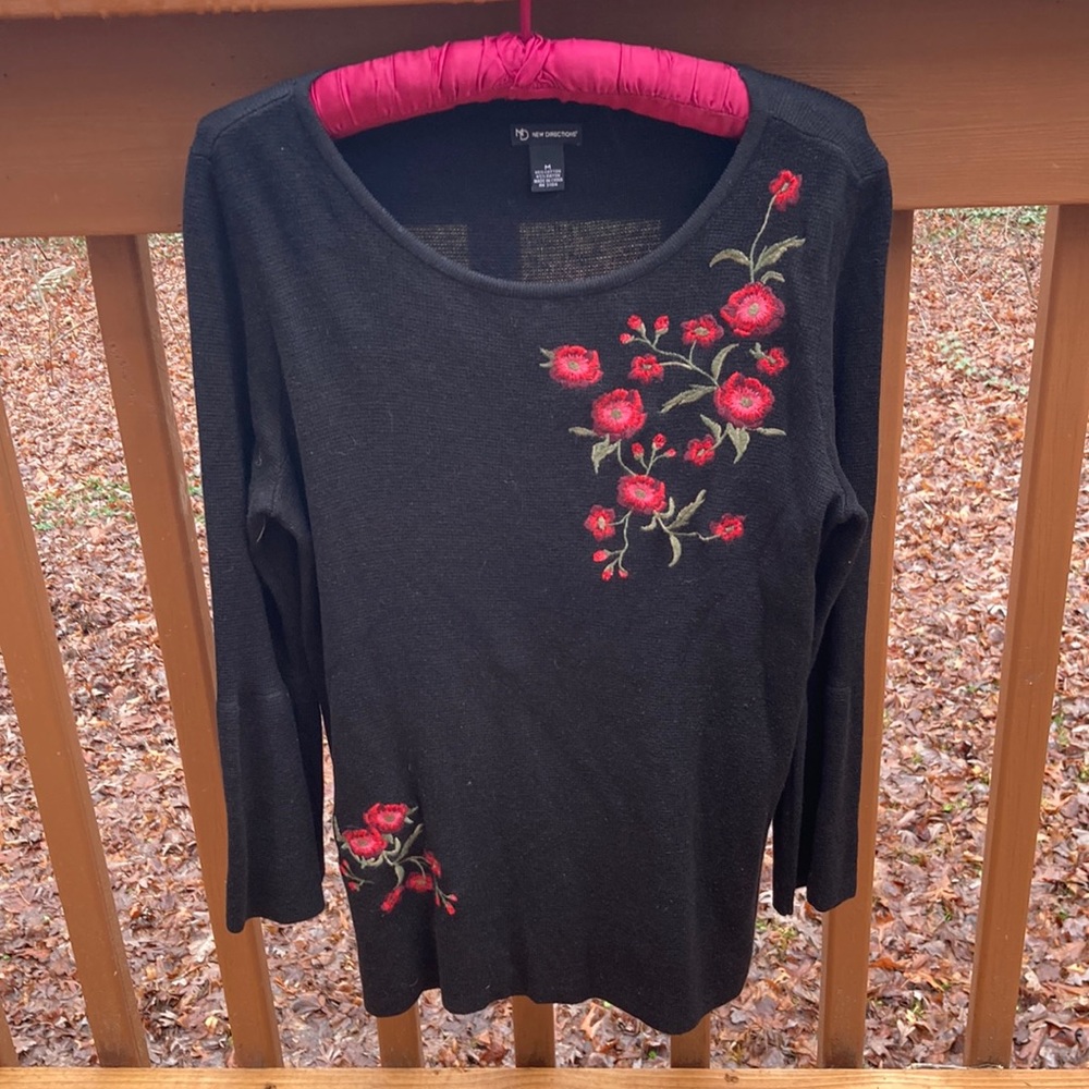 New Directions black sweater with red flowers